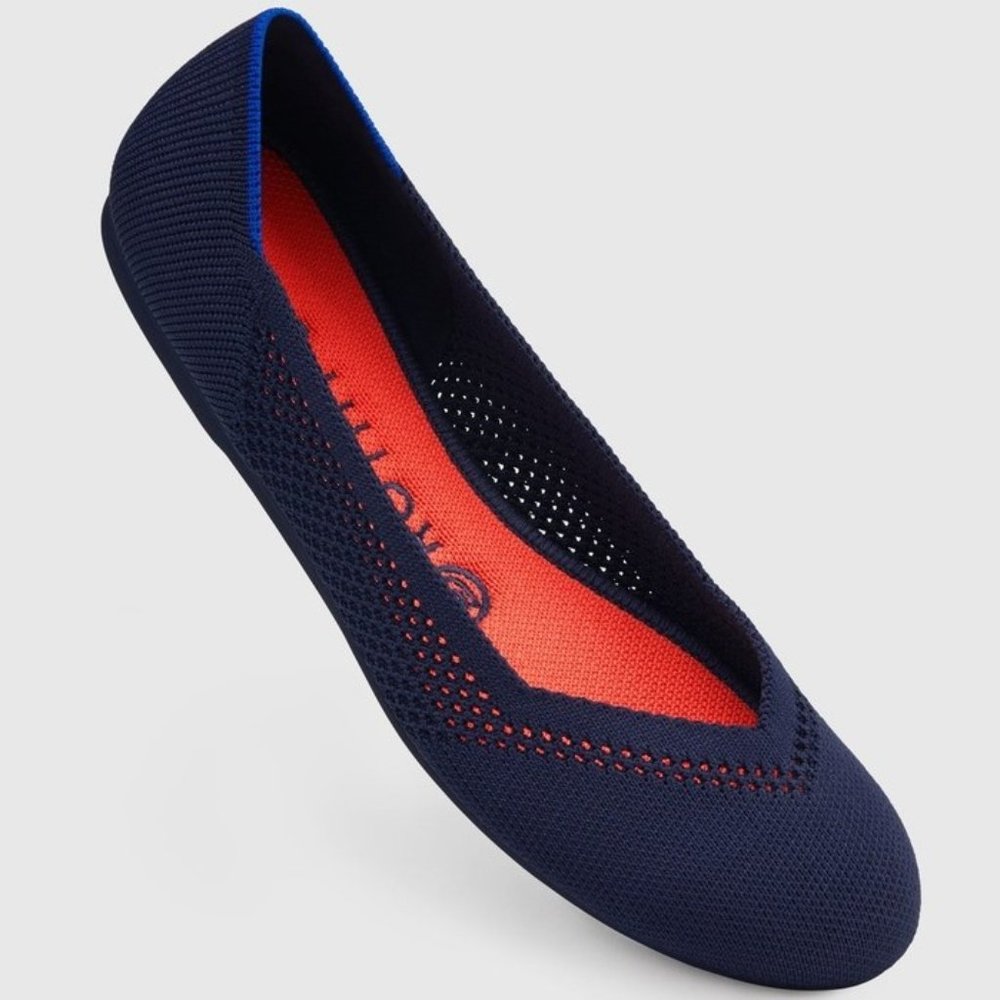 Rothy's retired Navy Blue Honeycomb Design Flats with Coral Insole
